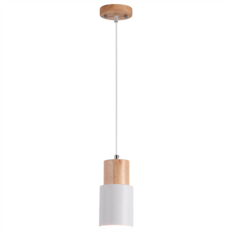 Moderne Hängelampe aus Metall und Holz im bunten Design