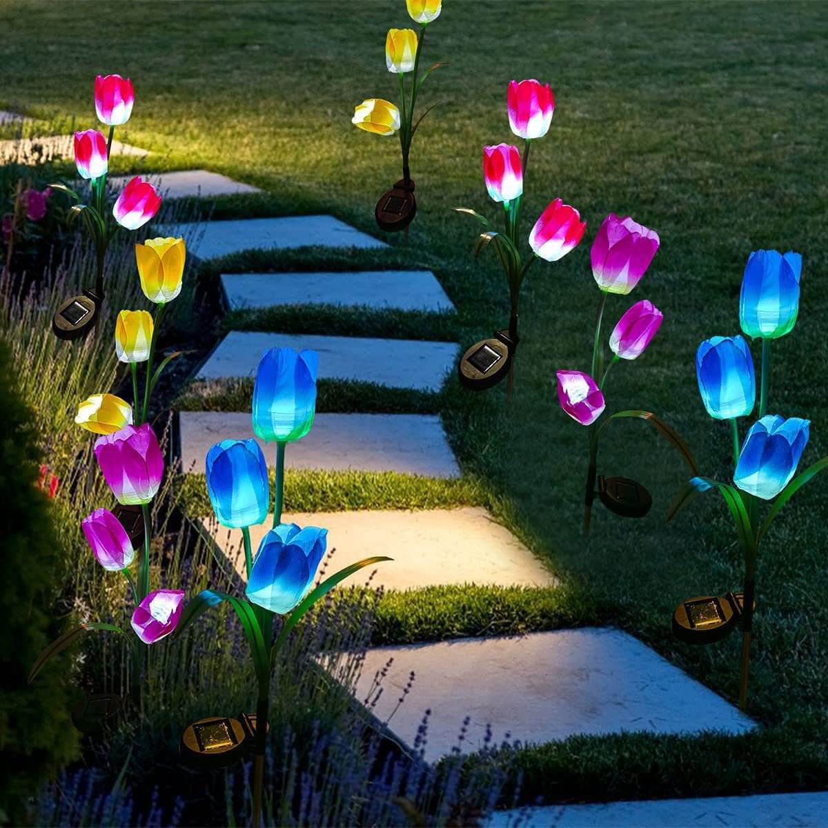 Solar-LED-Gartenleuchte mit Tulpenmotiv – Rosa/Violett/Blau/Gelb – (1 LED)