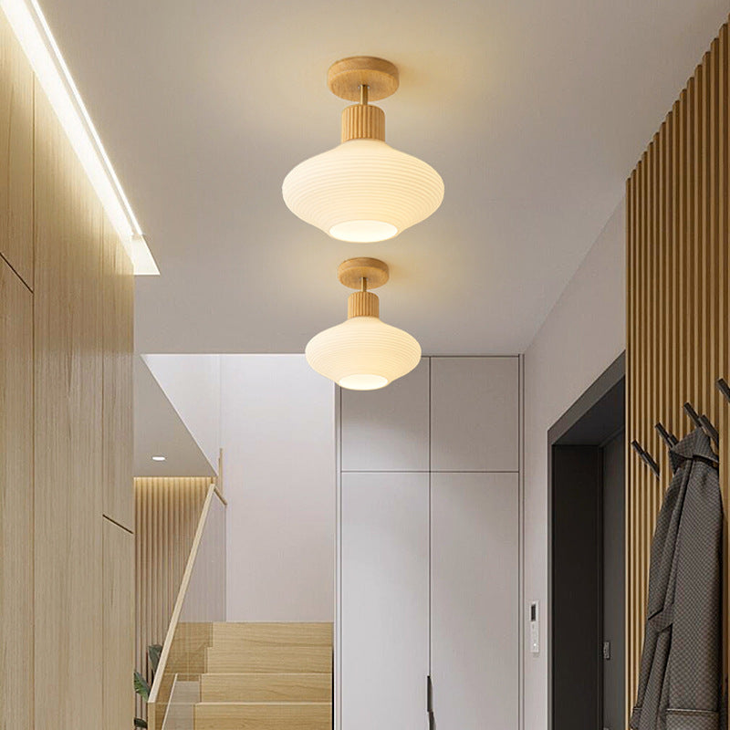 Moderne Japandi-Deckenleuchte – Walnuss und Holz mit Glasschirm