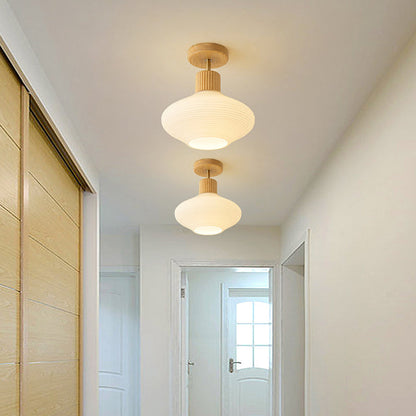 Moderne Japandi-Deckenleuchte – Walnuss und Holz mit Glasschirm