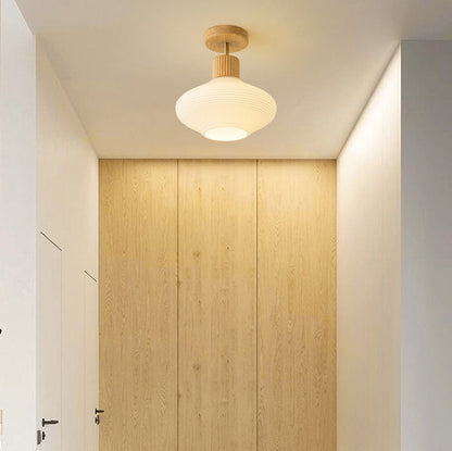 Moderne Japandi-Deckenleuchte – Walnuss und Holz mit Glasschirm