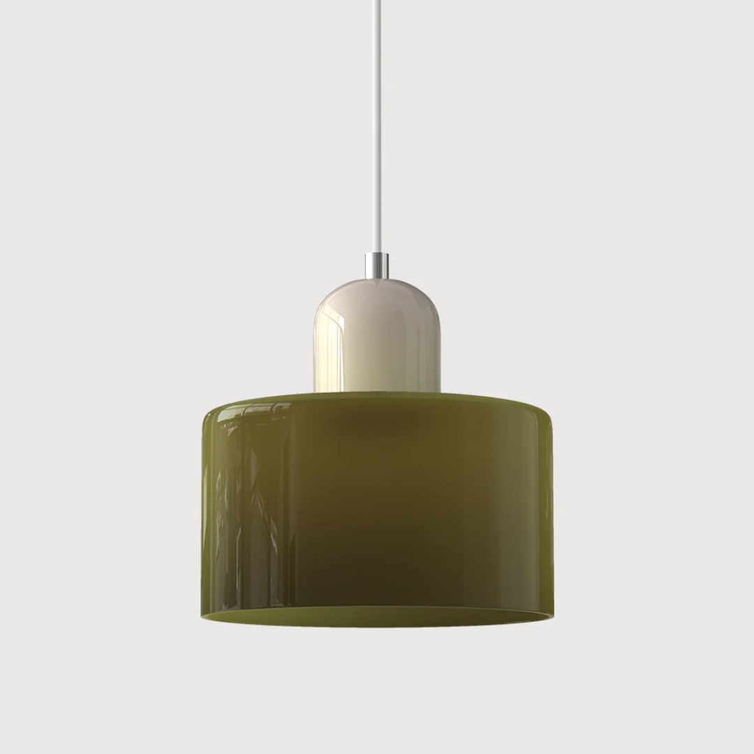 Stilvolle Retro-Hängelampe mit orangefarbenem Glasschirm und grüner Krone