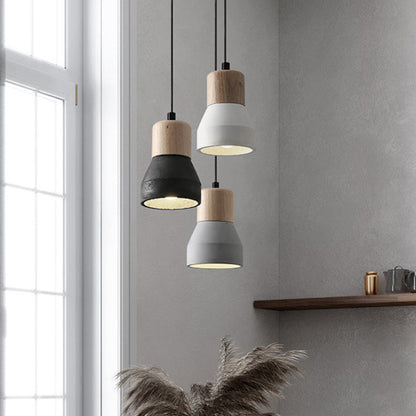 Moderne Hängeleuchte aus Zement und Holz im Industrial-Design
