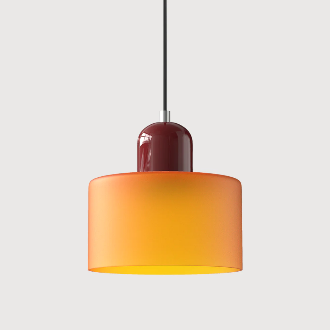 Stilvolle Retro-Hängelampe mit orangefarbenem Glasschirm und grüner Krone