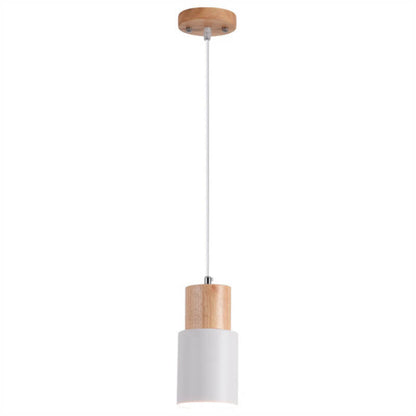 Moderne Hängelampe aus Metall und Holz im bunten Design