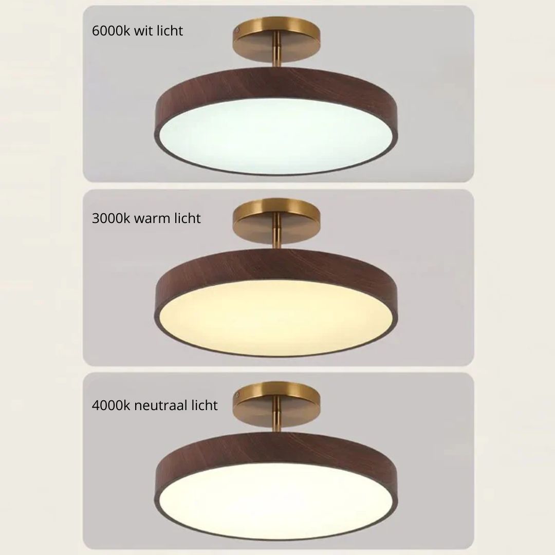 Skandinavische Deckenlampe mit Holzoptik und goldenem Rahmen