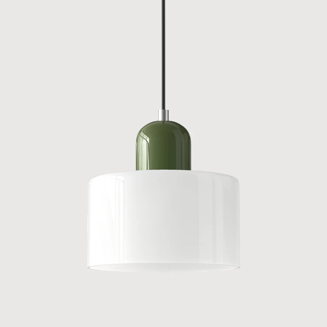 Stilvolle Retro-Hängelampe mit orangefarbenem Glasschirm und grüner Krone