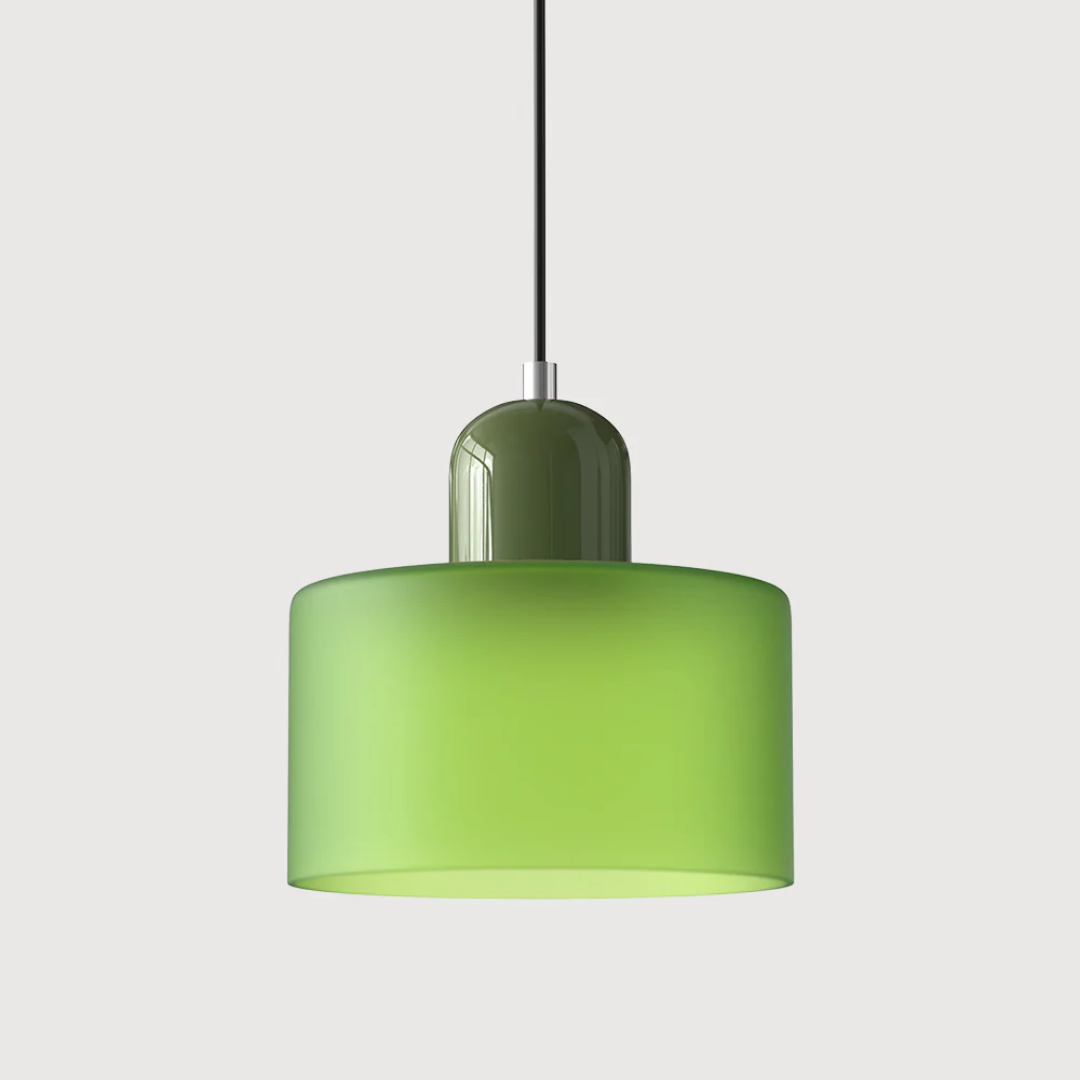 Stilvolle Retro-Hängelampe mit orangefarbenem Glasschirm und grüner Krone