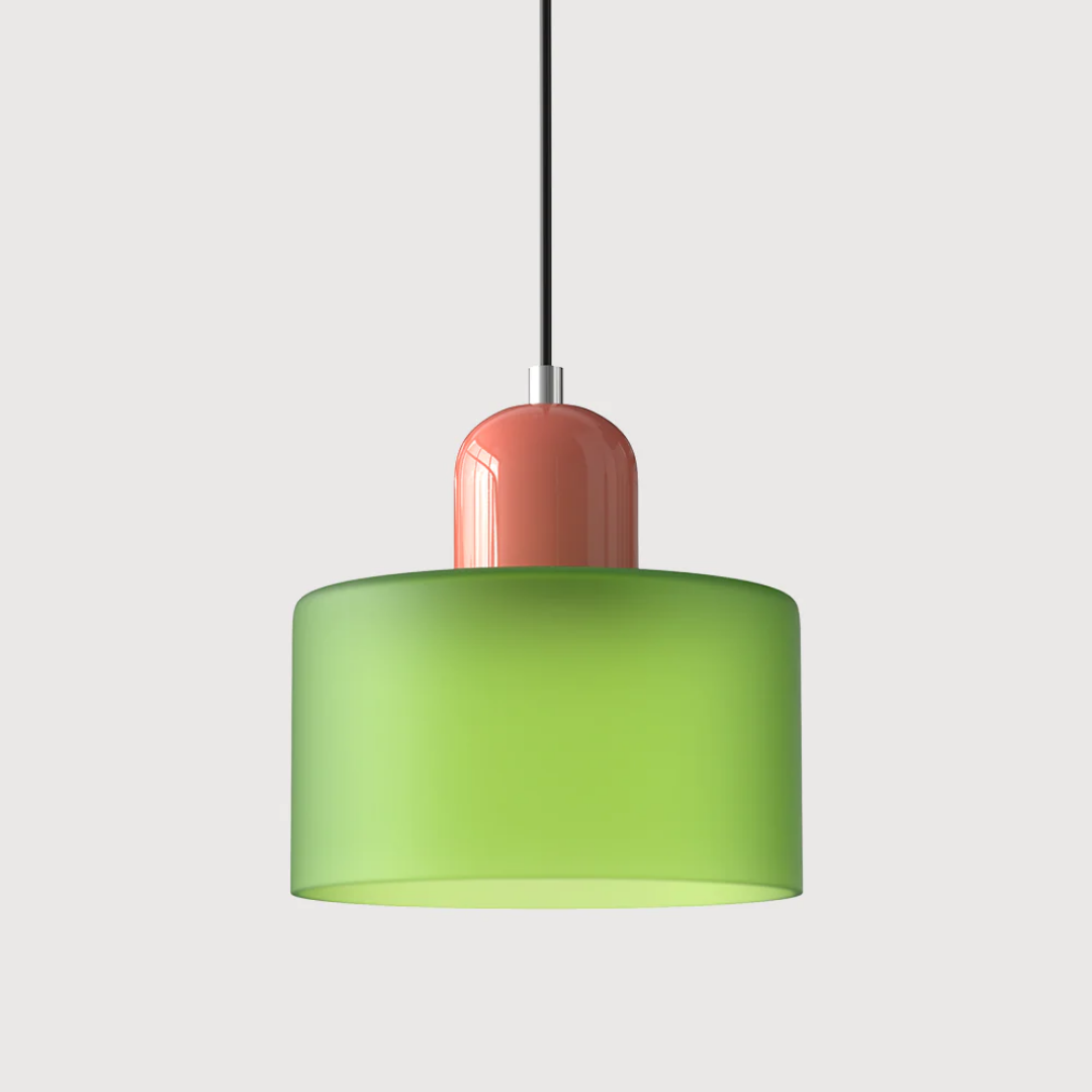 Stilvolle Retro-Hängelampe mit orangefarbenem Glasschirm und grüner Krone
