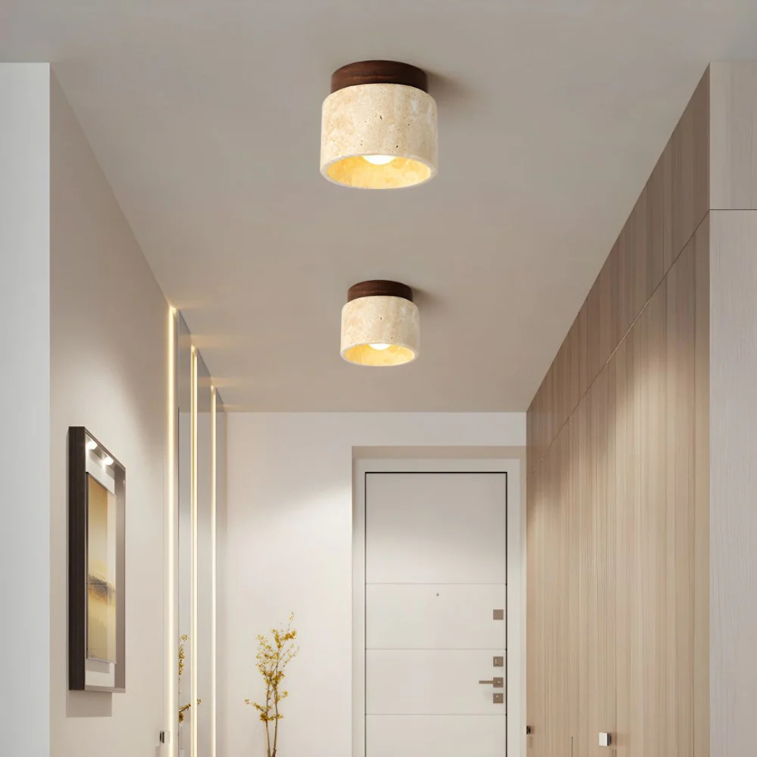 Deckenleuchte im japanischen Design aus Marmor und Holz