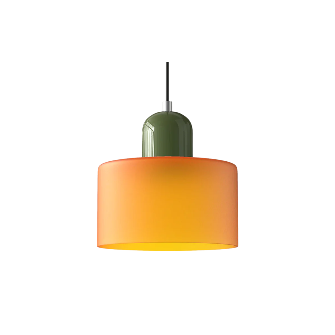 Stilvolle Retro-Hängelampe mit orangefarbenem Glasschirm und grüner Krone