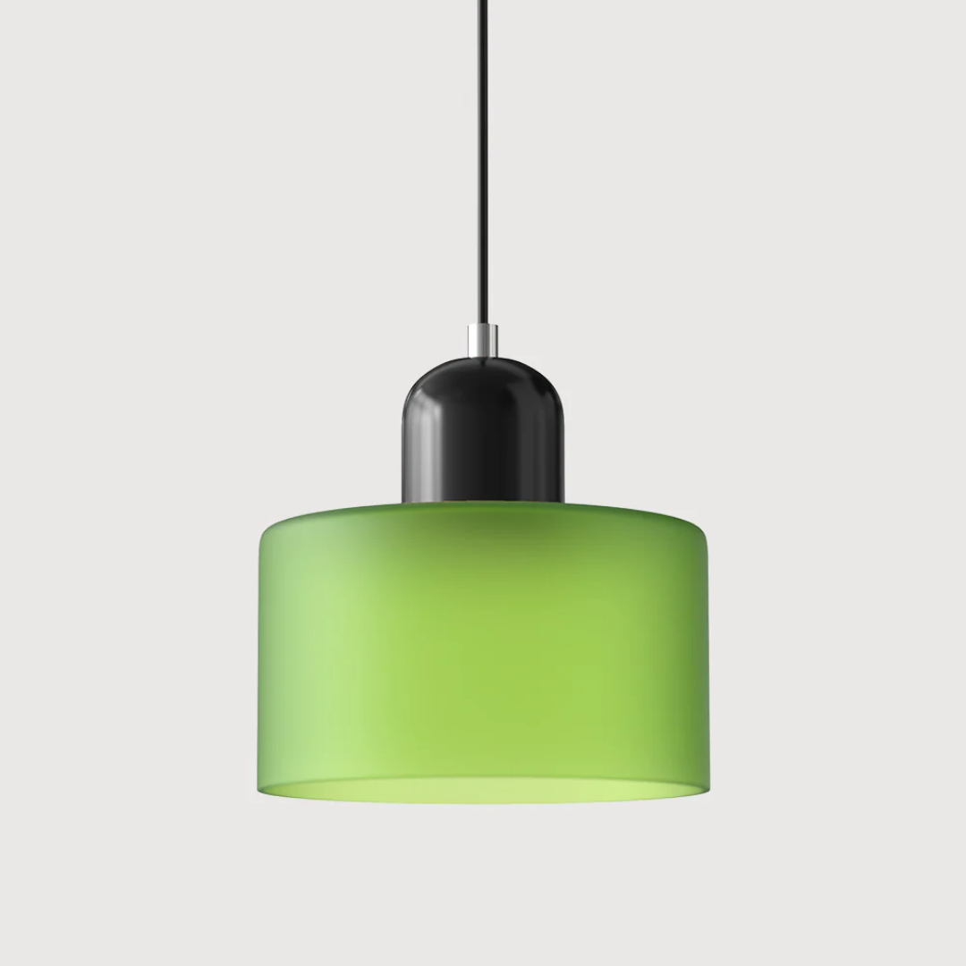 Stilvolle Retro-Hängelampe mit orangefarbenem Glasschirm und grüner Krone