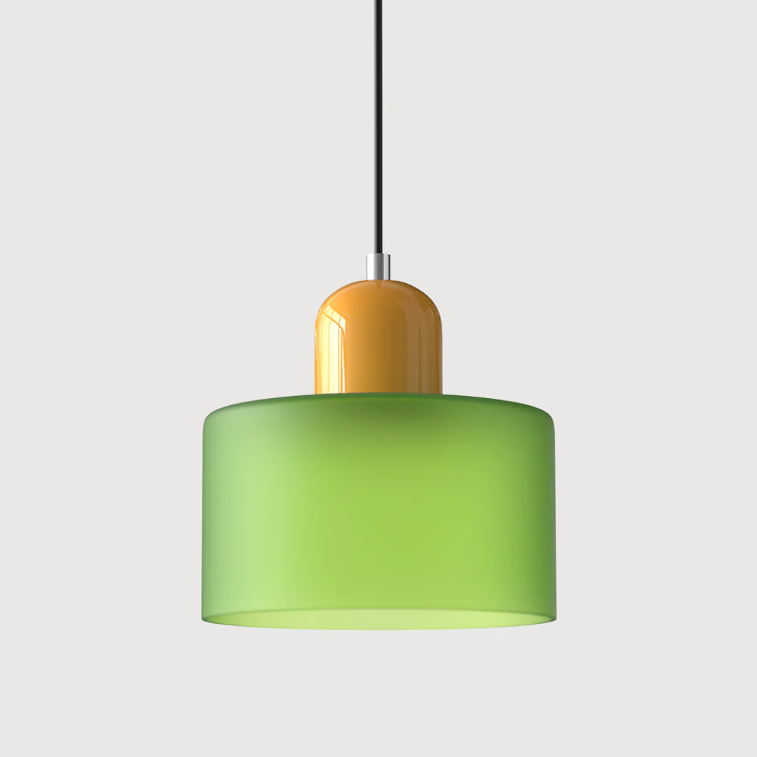 Stilvolle Retro-Hängelampe mit orangefarbenem Glasschirm und grüner Krone