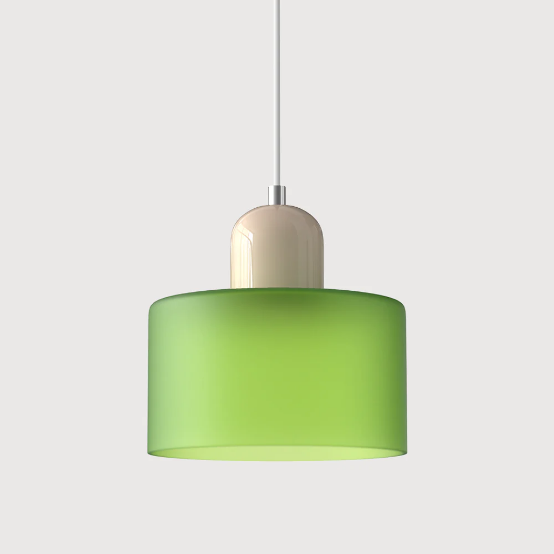 Stilvolle Retro-Hängelampe mit orangefarbenem Glasschirm und grüner Krone