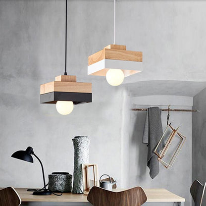 Moderne Pendelleuchte aus Metall und Holz – Schwarz oder Weiß mit verstellbarem Kabel