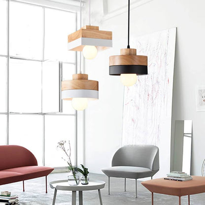 Moderne Pendelleuchte aus Metall und Holz – Schwarz oder Weiß mit verstellbarem Kabel