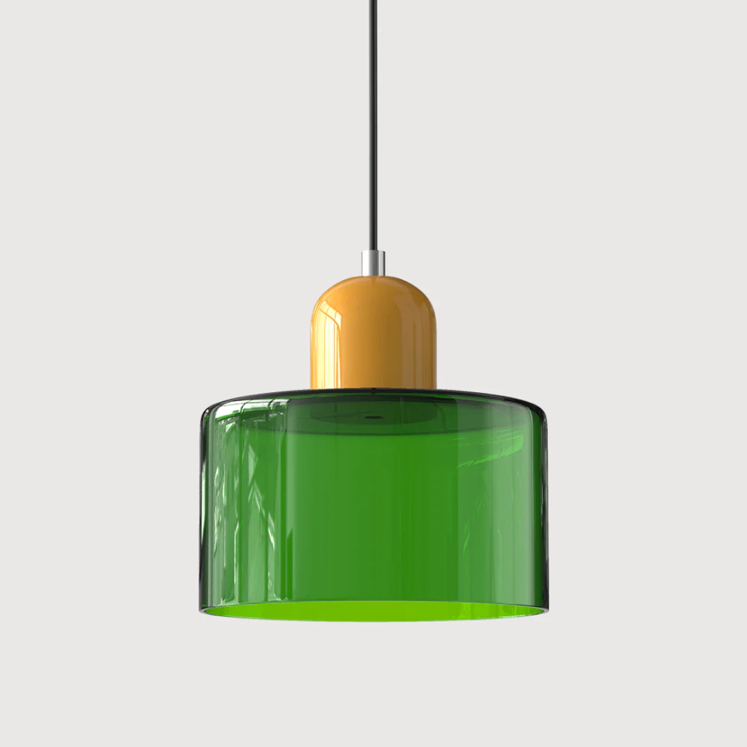 Stilvolle Retro-Hängelampe mit orangefarbenem Glasschirm und grüner Krone