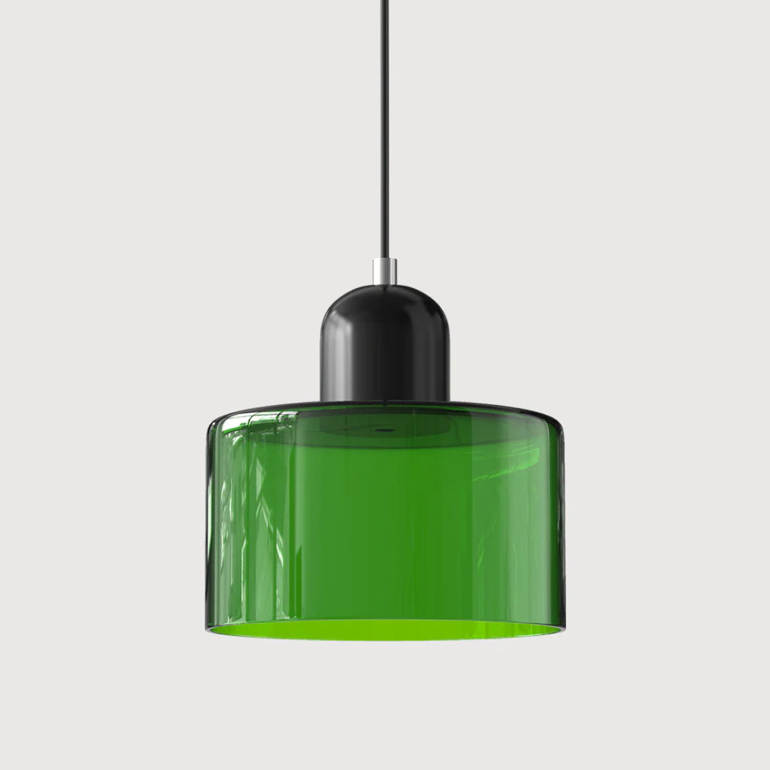 Stilvolle Retro-Hängelampe mit orangefarbenem Glasschirm und grüner Krone