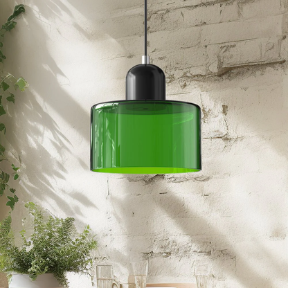 Stilvolle Retro-Hängelampe mit orangefarbenem Glasschirm und grüner Krone