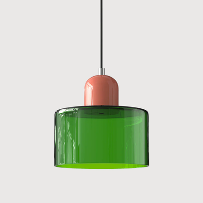 Stilvolle Retro-Hängelampe mit orangefarbenem Glasschirm und grüner Krone