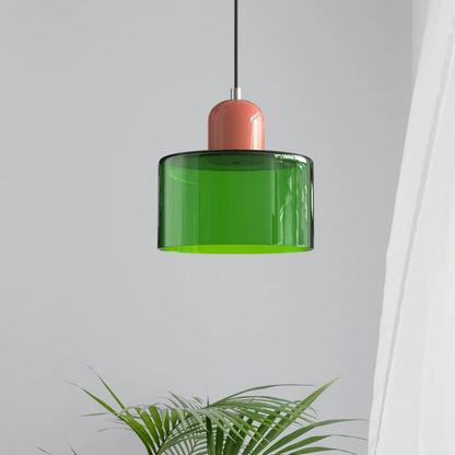 Stilvolle Retro-Hängelampe mit orangefarbenem Glasschirm und grüner Krone