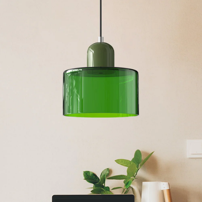Stilvolle Retro-Hängelampe mit orangefarbenem Glasschirm und grüner Krone