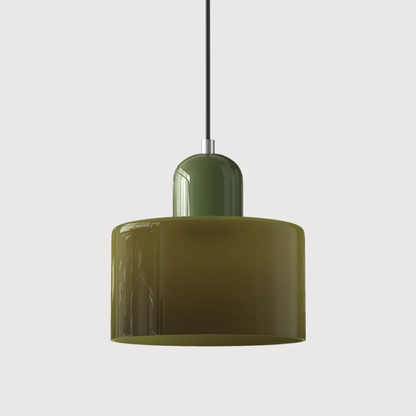 Stilvolle Retro-Hängelampe mit orangefarbenem Glasschirm und grüner Krone