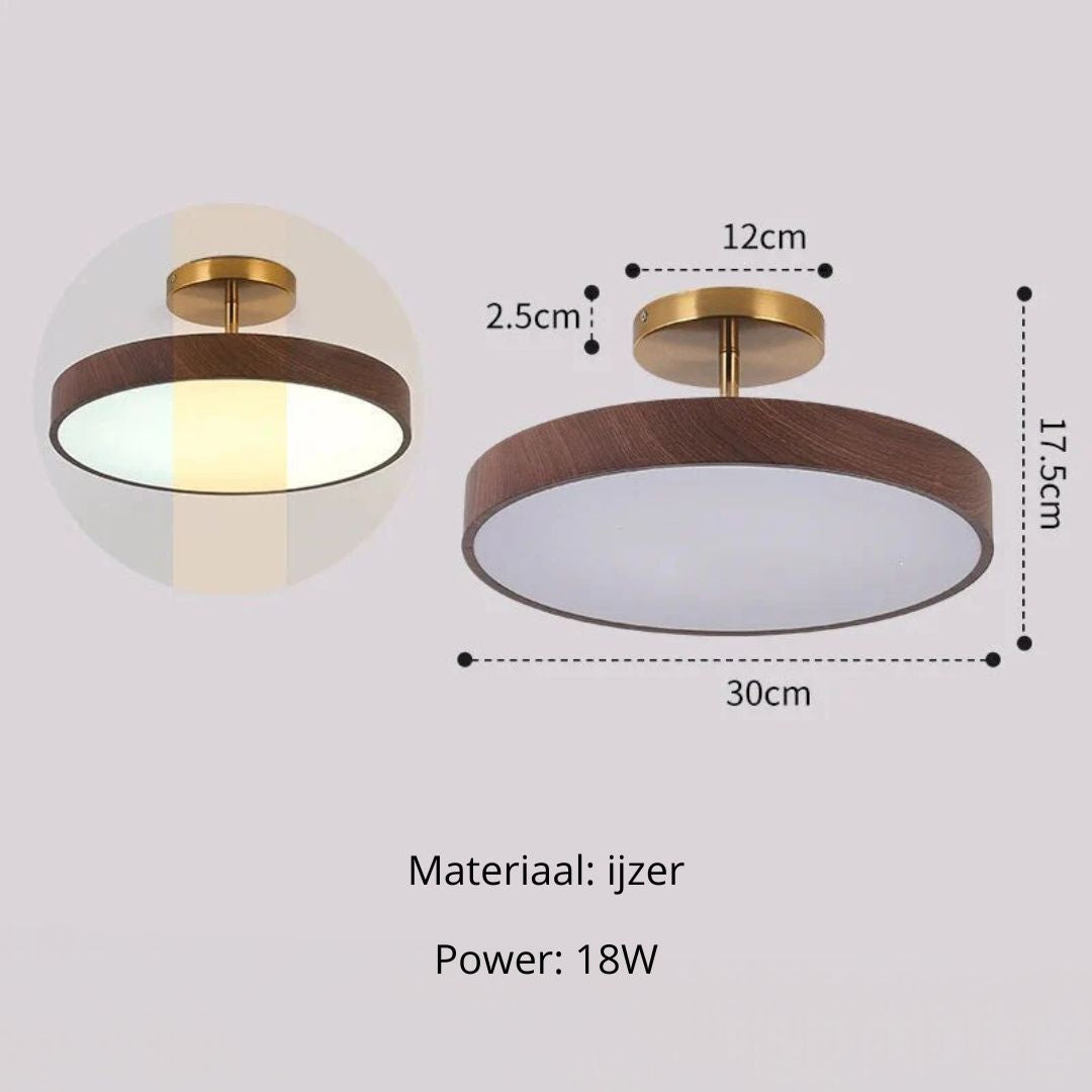 Skandinavische Deckenlampe mit Holzoptik und goldenem Rahmen