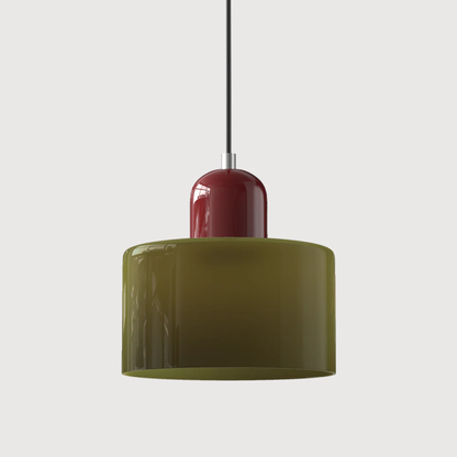 Stilvolle Retro-Hängelampe mit orangefarbenem Glasschirm und grüner Krone