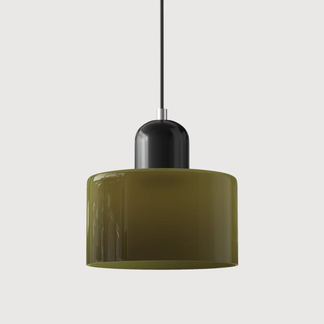 Stilvolle Retro-Hängelampe mit orangefarbenem Glasschirm und grüner Krone