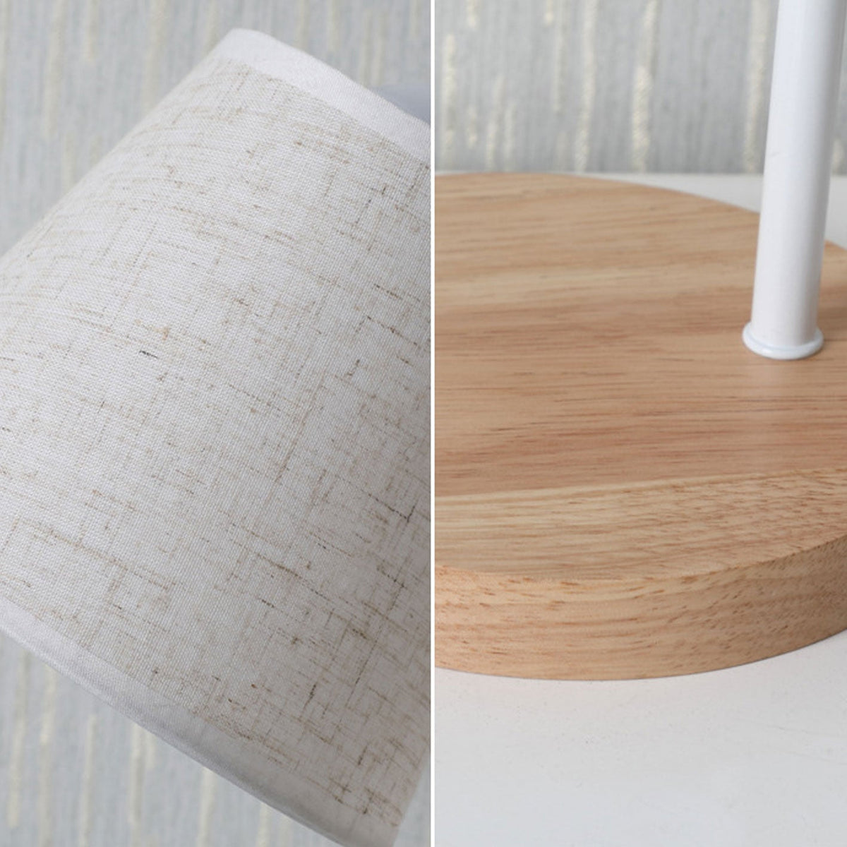 Moderne Tischleuchte aus Leinen, Metall und Holz – integrierte LED mit USB/Stecker
