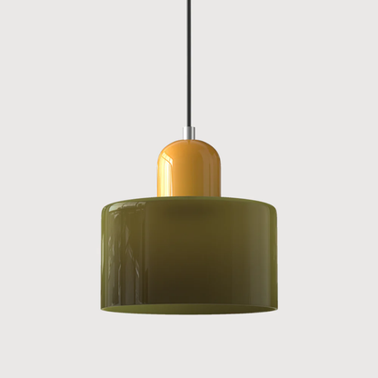 Stilvolle Retro-Hängelampe mit orangefarbenem Glasschirm und grüner Krone