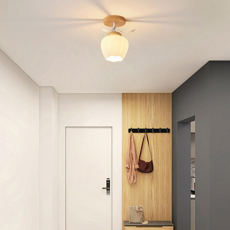 Minimalistische skandinavische Deckenleuchte – Holz und Glas – Weiß – (1 Lichtquelle)