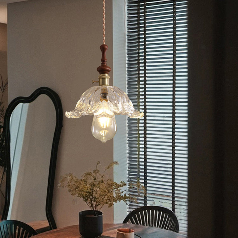 Französische Pendelleuchte mit Holzdetail – Glas und Metall – 1-flammig, 4 Stile